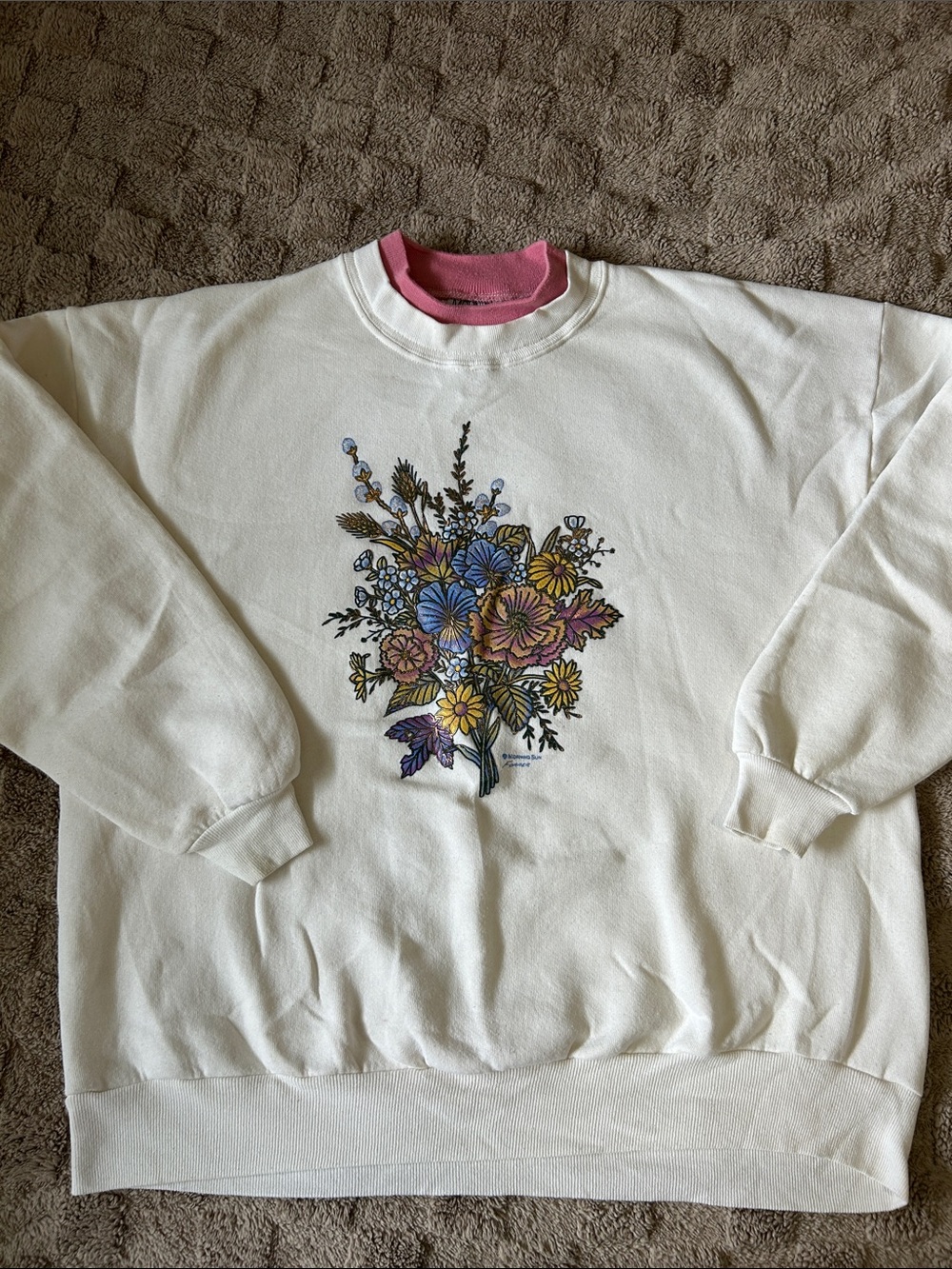 Vintage Morning Sun Floral Bouquet Sweatshirt Pink Collar Cottage Core 2x